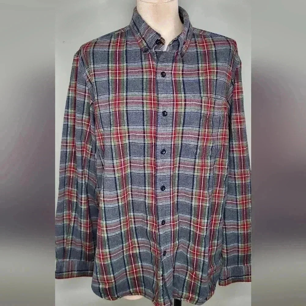 LL BEAN Scotch Gray Plaid Flannel Shirt Traditional Fit Mens Sz M Long Sleeve